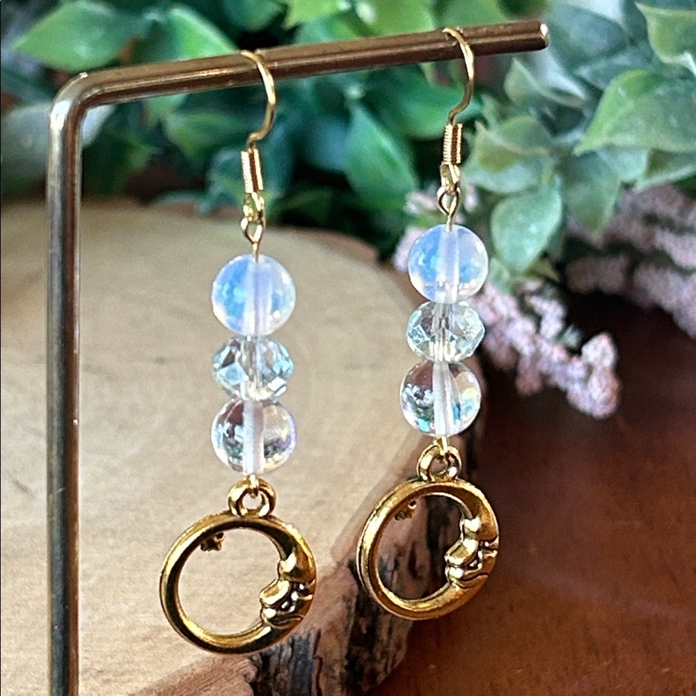 Handmade Aura Quartz + Opalite Crystal Gold Moon Dangle Earrings
